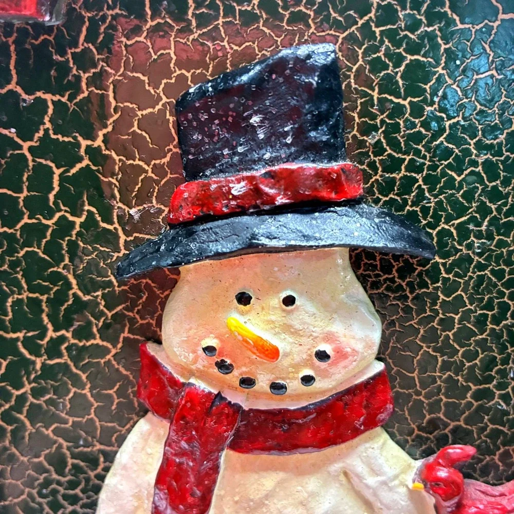 Rustic Wooden Box With Handle 10.25in Green & Burgundy Accents Snowman Cardinal